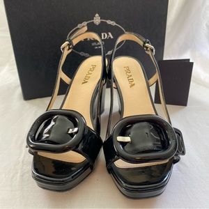 Prada black patent leather wedge sandals